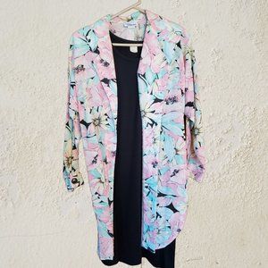 tank style sheath dress with tuxedo style floral print jacket